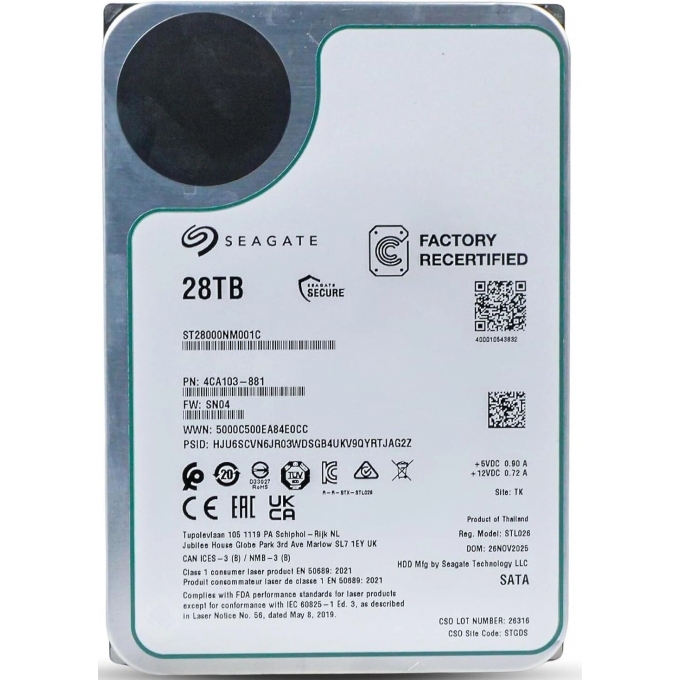 Жесткий диск SEAGATE SATA-III 28TB FACTORY RECERTIFIED SERVER EXOS 512E (7200rpm) 512Mb 3.5" ST28000NM001C